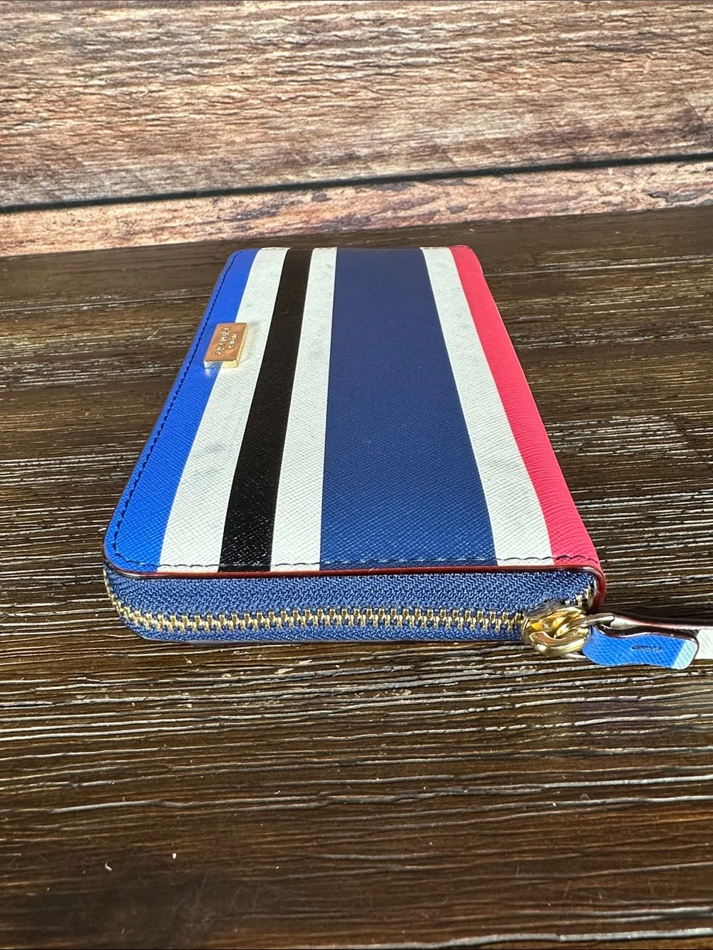 kate spade Striped Zip-Around Wallet - Blue, White, Black, Coral